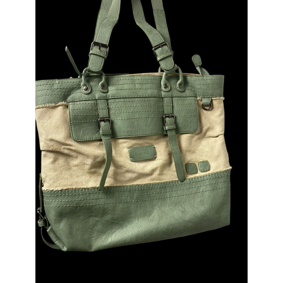 Sherpani Nola Large Shoulder Tote Bag Laptop Briefbag Leather Canvas Green Beige - Picture 4 of 16